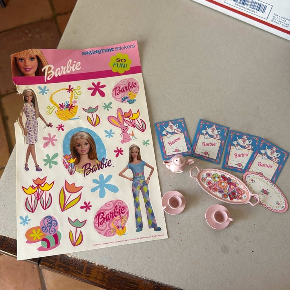 Barbie miniature tea set 
And stickers